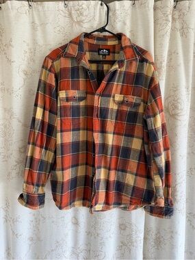 Pacific Outfitters Orange Navy Cream Plaid Shirt Jacket 100% Cotton